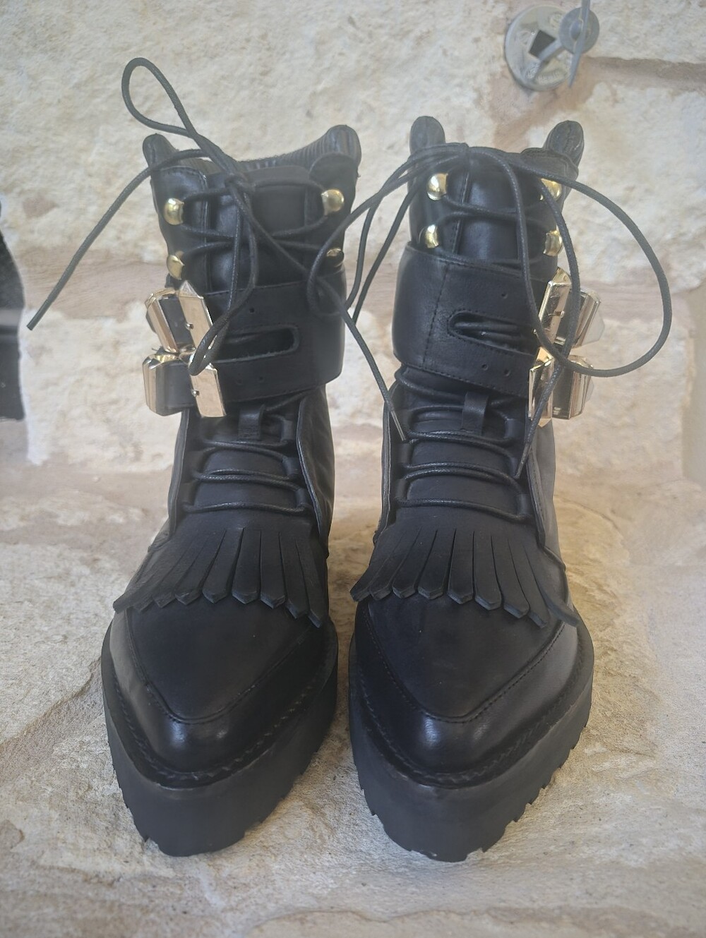 Alexander Wang Black Leather Frankie Creeper Kiltie Boots Size 36 Excellent